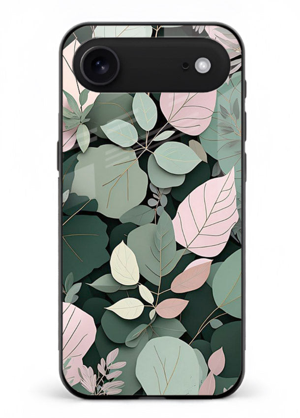 Green leaf artwork on iphone 18 air glass back cover with natural flowing details.