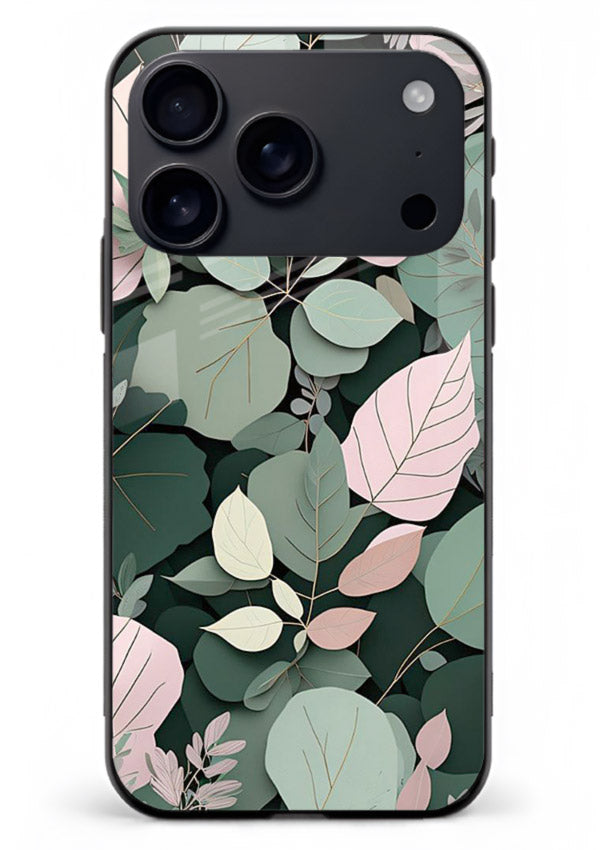 Green leaf artwork on iphone 17 pro max glass back cover with natural flowing details.