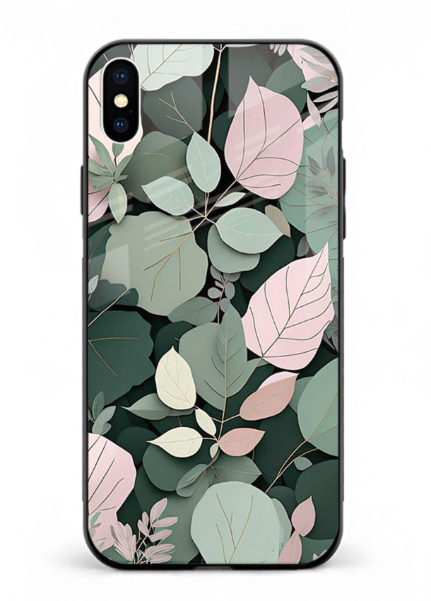 Green leaf artwork on iphone xs max glass back cover with natural flowing details.