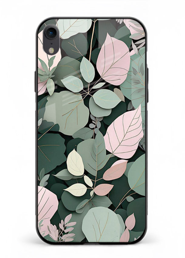 Green leaf artwork on iphone xr glass back cover with natural flowing details.