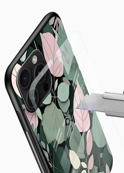 Green leaf artwork on glossy vibrant premium glass back cover with natural flowing details. - Angle Blade