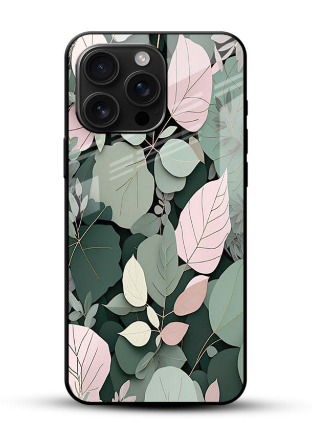Green leaf artwork on glossy vibrant premium glass back cover with natural flowing details. - Angle Front