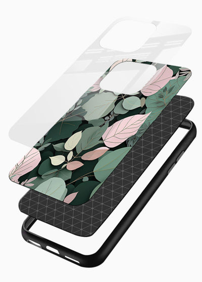Green leaf artwork on glossy vibrant premium glass back cover with natural flowing details. - Angle Layers