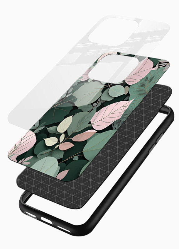 Green leaf artwork on glossy vibrant premium glass back cover with natural flowing details. - Angle Layers