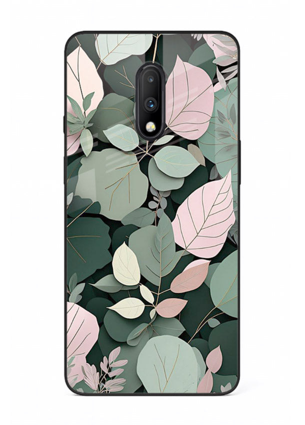 Green leaf artwork on OnePlus 7 glass back cover with natural flowing details.