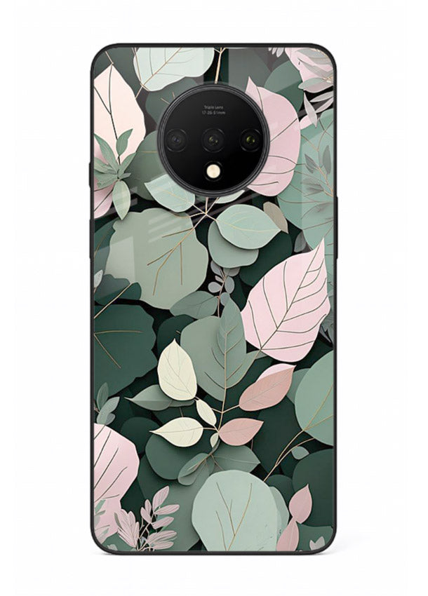 Green leaf artwork on OnePlus 7T glass back cover with natural flowing details.