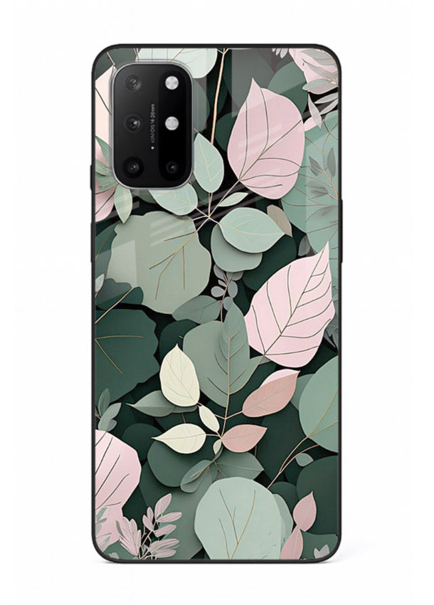 Green leaf artwork on OnePlus 8T glass back cover with natural flowing details.