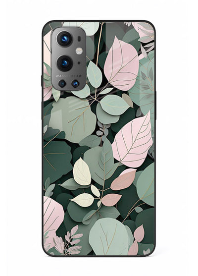 Green leaf artwork on OnePlus 9 glass back cover with natural flowing details.