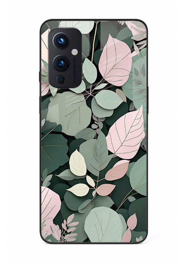 Green leaf artwork on OnePlus 9 Pro glass back cover with natural flowing details.
