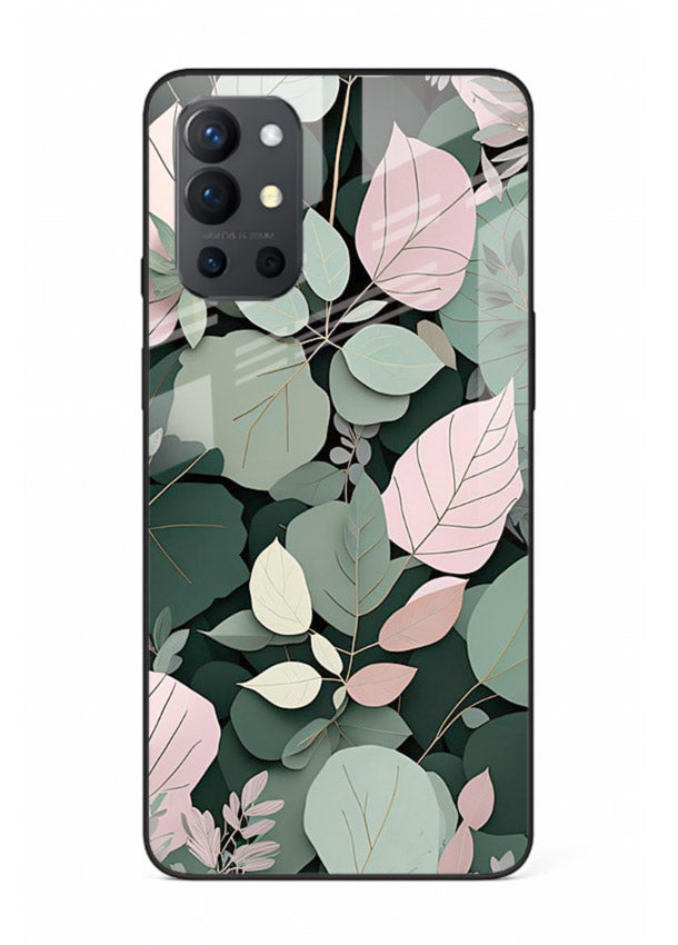 Green leaf artwork on OnePlus 9R glass back cover with natural flowing details.
