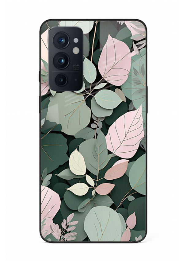 Green leaf artwork on OnePlus 9RT glass back cover with natural flowing details.