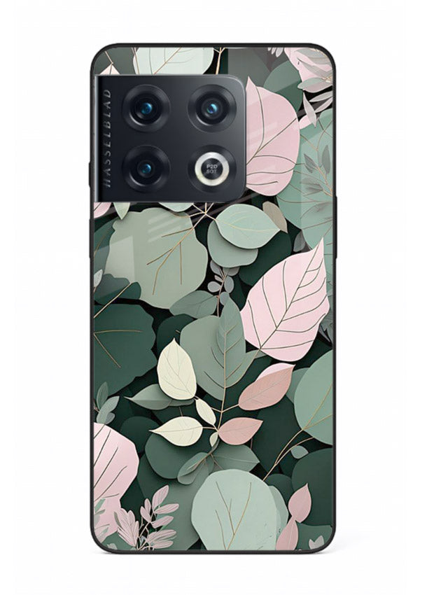 Green leaf artwork on OnePlus 10 Pro glass back cover with natural flowing details.