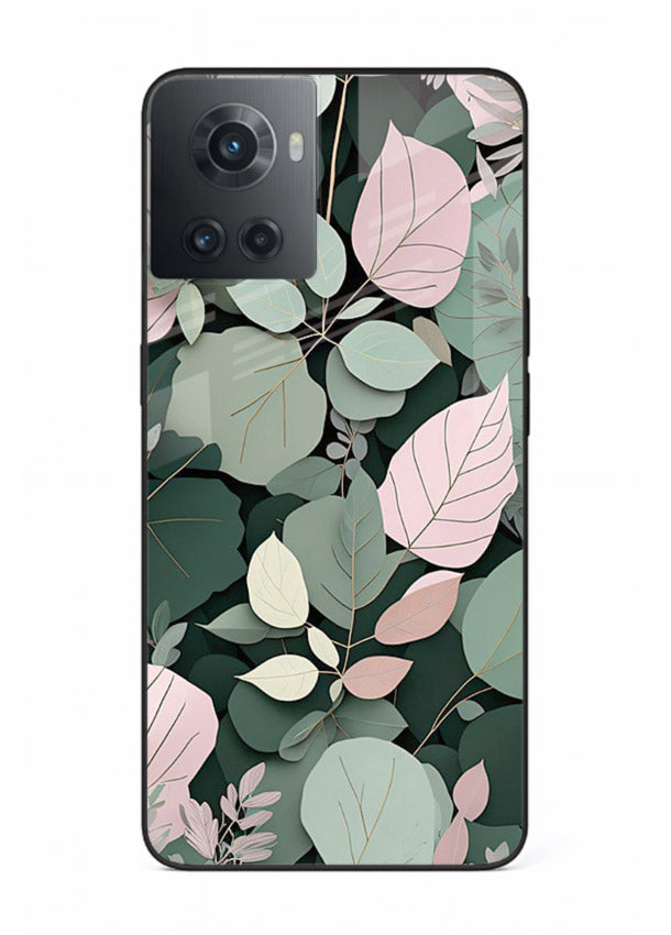 Green leaf artwork on OnePlus 10R glass back cover with natural flowing details.