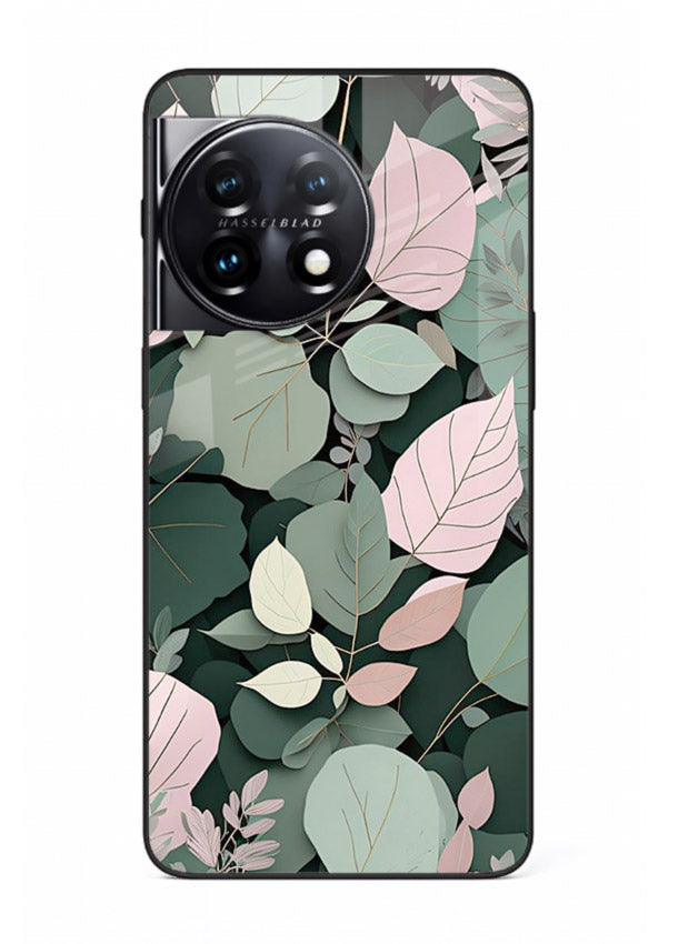 Green leaf artwork on OnePlus 11R glass back cover with natural flowing details.