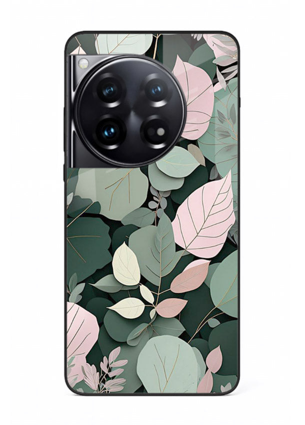 Green leaf artwork on OnePlus 12 glass back cover with natural flowing details.