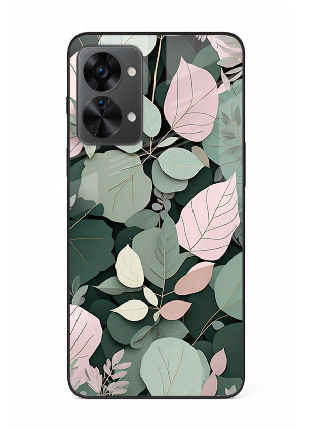 Green leaf artwork on OnePlus Nord 2T glass back cover with natural flowing details.