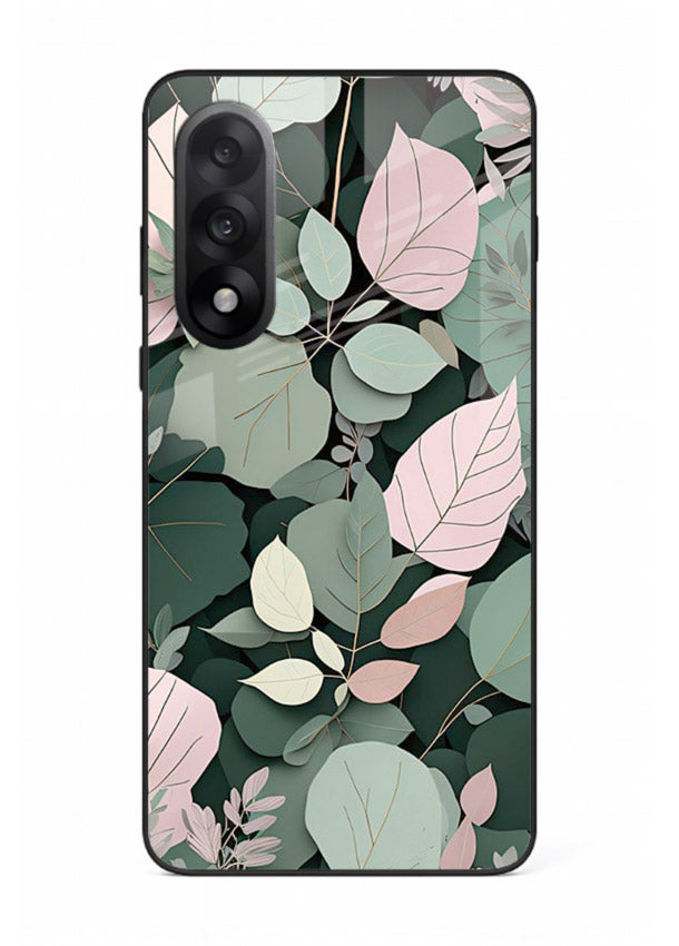 Green leaf artwork on OnePlus Nord 5 glass back cover with natural flowing details.