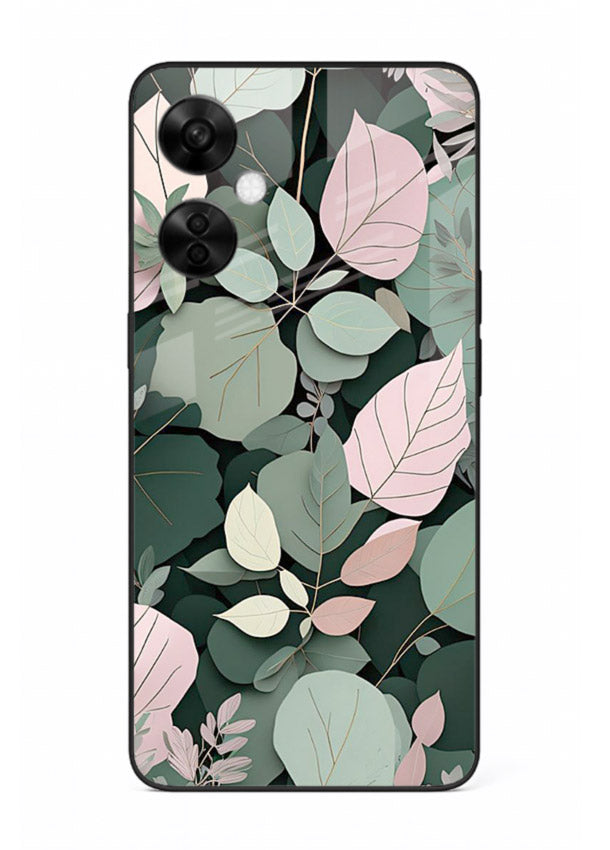 Green leaf artwork on OnePlus Nord CE3 Lite glass back cover with natural flowing details.