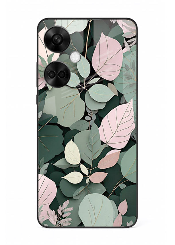 Green leaf artwork on OnePlus Nord CE3 glass back cover with natural flowing details.