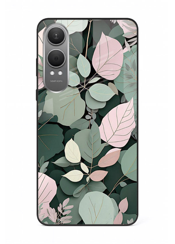 Green leaf artwork on OnePlus Nord CE4 Lite glass back cover with natural flowing details.