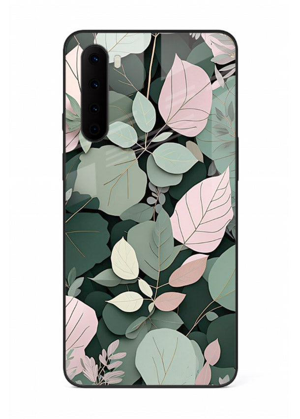 Green leaf artwork on OnePlus Nord glass back cover with natural flowing details.