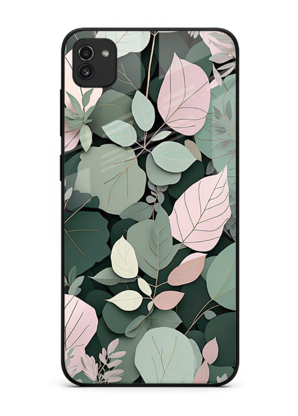 Green leaf artwork on Samsung A03 glass back cover with natural flowing details.