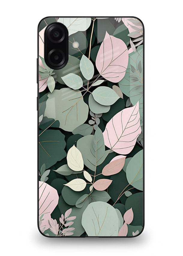 Green leaf artwork on Samsung A07 4G glass back cover with natural flowing details.