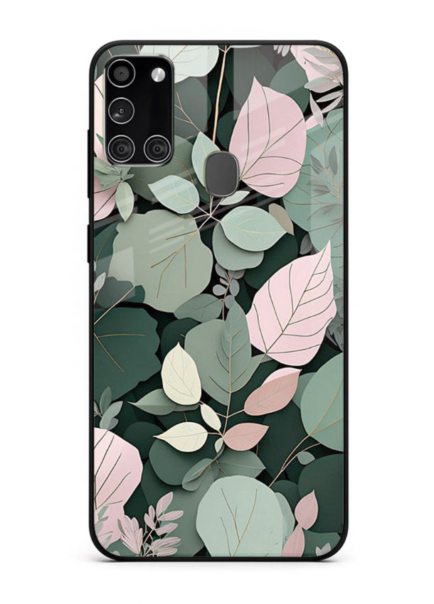 Green leaf artwork on Samsung A21s glass back cover with natural flowing details.