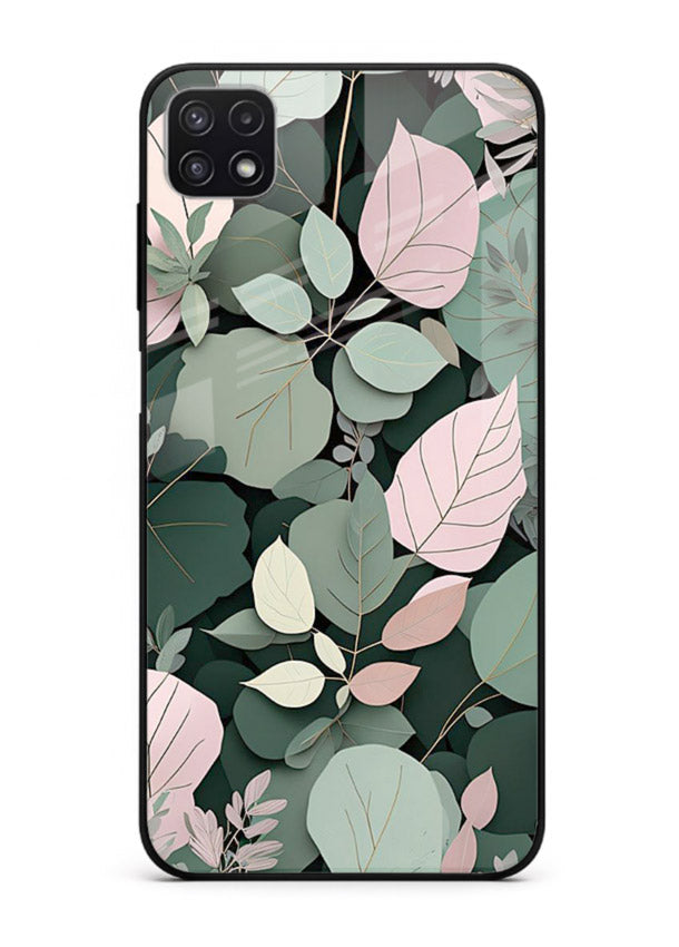 Green leaf artwork on Samsung F42 5G glass back cover with natural flowing details.