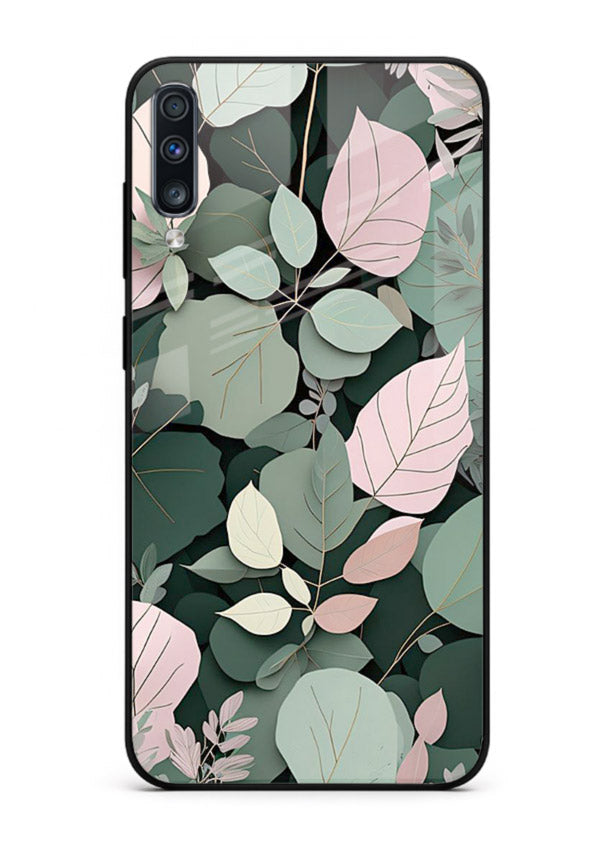 Green leaf artwork on Samsung A50 glass back cover with natural flowing details.