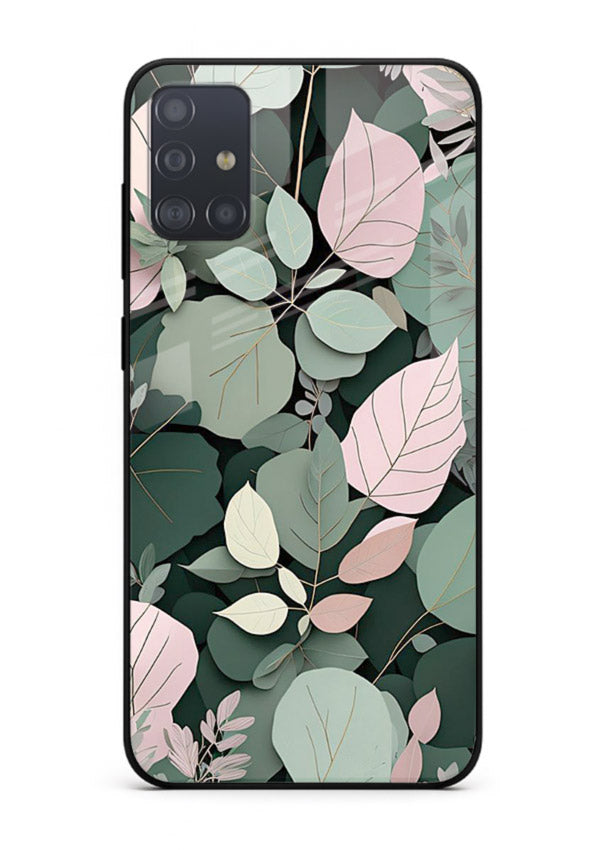 Green leaf artwork on Samsung A51 glass back cover with natural flowing details.