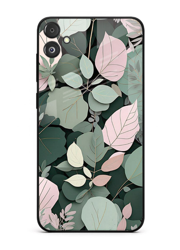 Green leaf artwork on Samsung F14 5G glass back cover with natural flowing details.