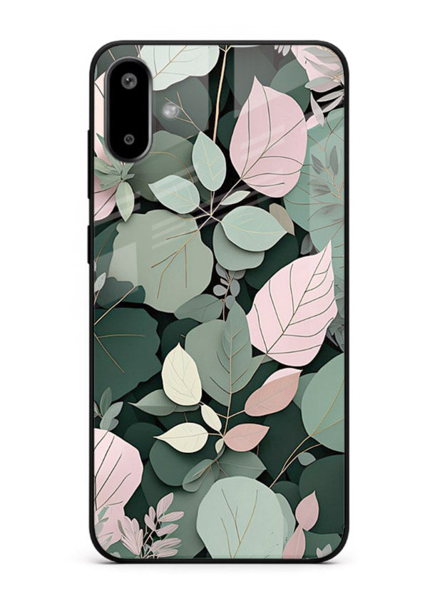 Green leaf artwork on Samsung F06 5G glass back cover with natural flowing details.