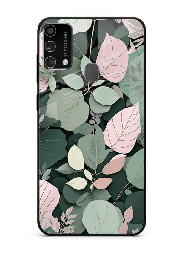 Green leaf artwork on Samsung F41 glass back cover with natural flowing details.