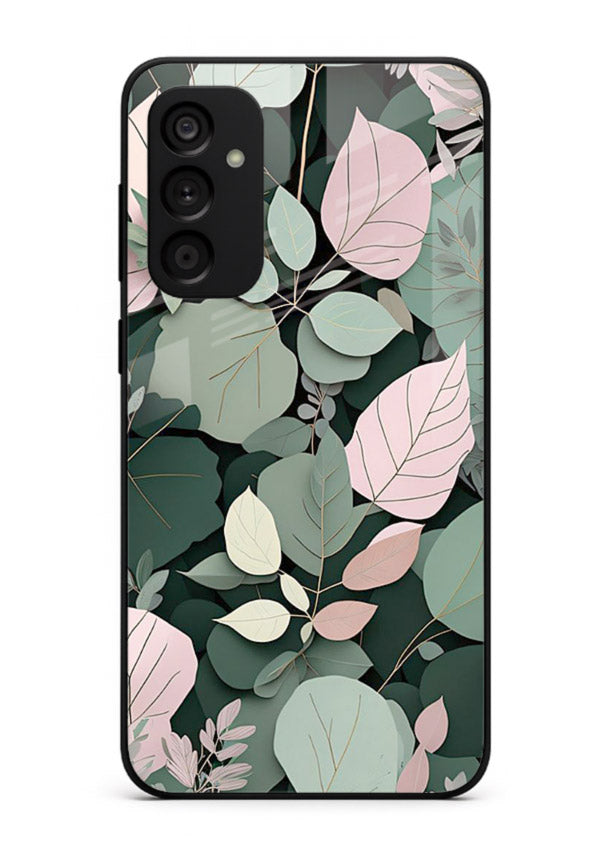 Green leaf artwork on Samsung F55 5G glass back cover with natural flowing details.