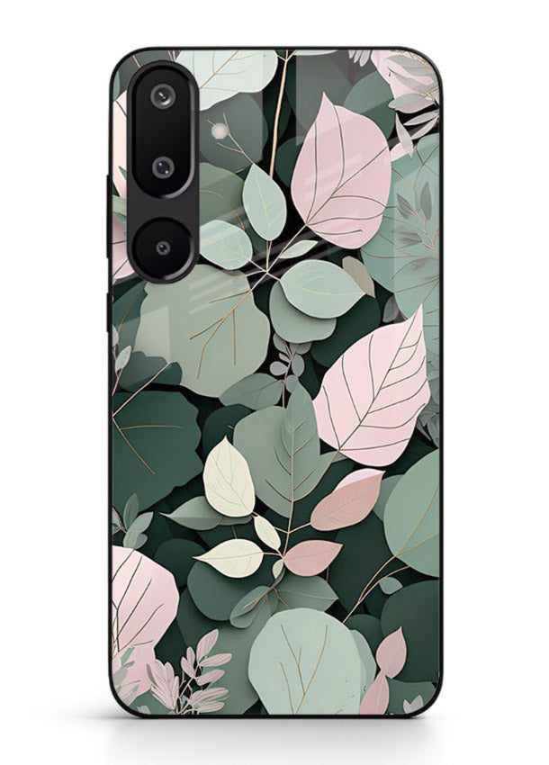 Green leaf artwork on Samsung F16 5G glass back cover with natural flowing details.