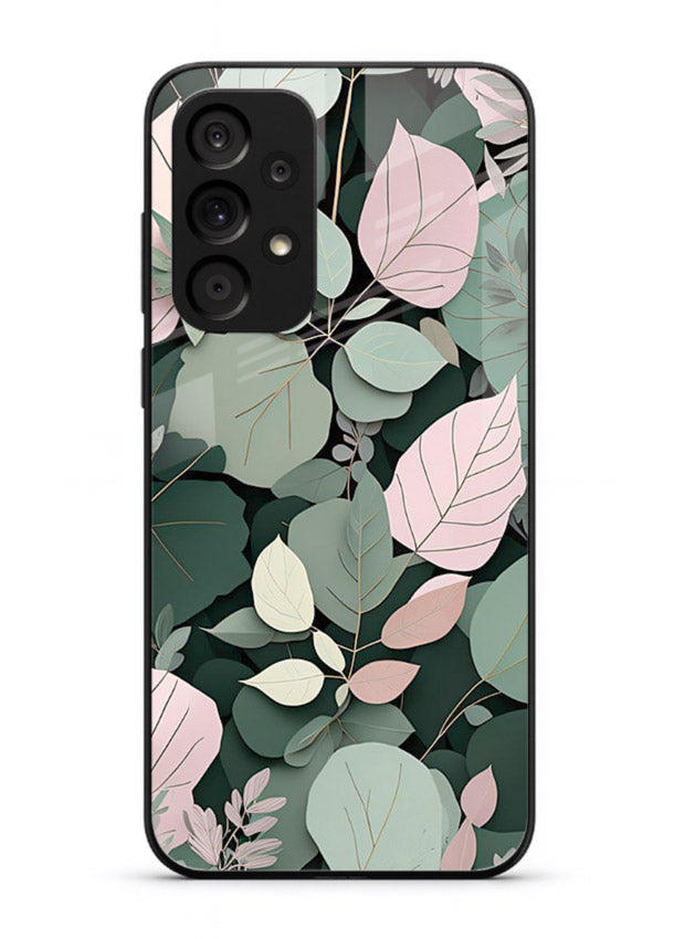 Green leaf artwork on Samsung A33 5G glass back cover with natural flowing details.