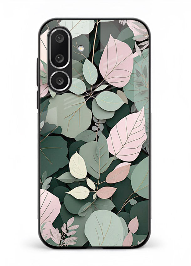 Green leaf artwork on Samsung M36 5G glass back cover with natural flowing details.