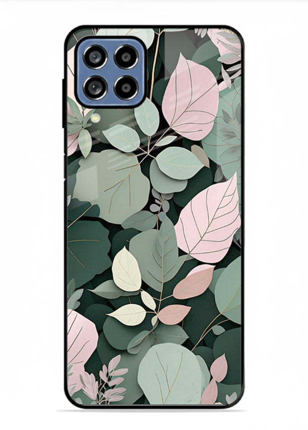 Green leaf artwork on Samsung M53 5G glass back cover with natural flowing details.