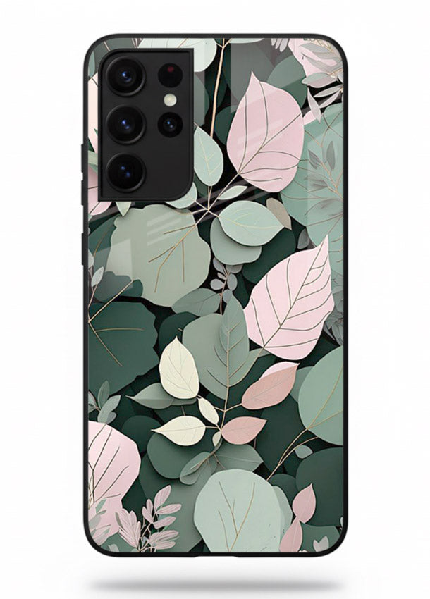 Green leaf artwork on Samsung S21 Ultra glass back cover with natural flowing details.