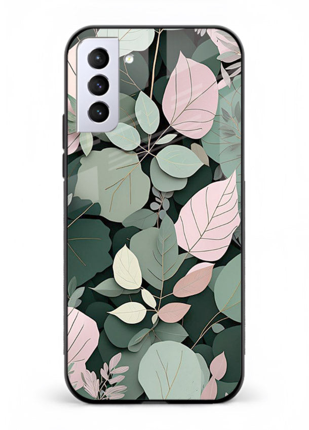 Green leaf artwork on Samsung S21 Plus glass back cover with natural flowing details.