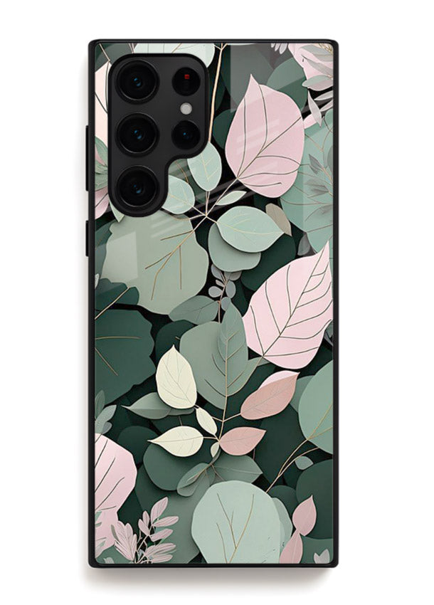 Green leaf artwork on Samsung S22 Ultra glass back cover with natural flowing details.