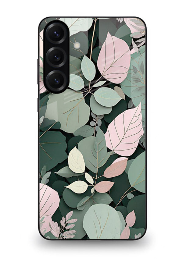 Green leaf artwork on Samsung A25 5G glass back cover with natural flowing details.