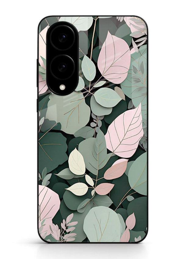 Green leaf artwork on Samsung S25 Edge glass back cover with natural flowing details.