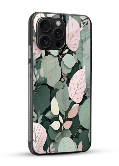 Green leaf artwork on glossy vibrant premium glass back cover with natural flowing details. - Angle Side