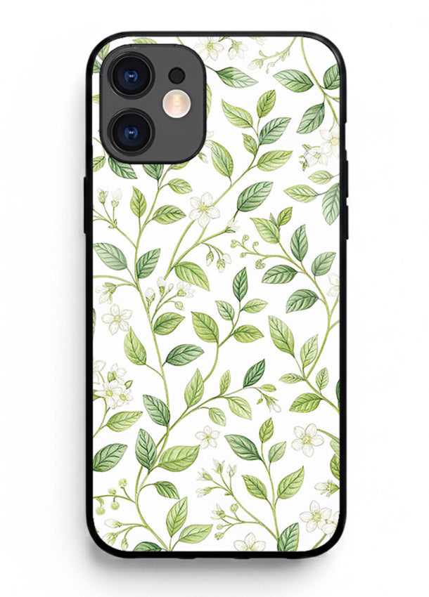 Green leaf wallpaper artwork on iphone 12 glass back cover with minimal botanical tones.