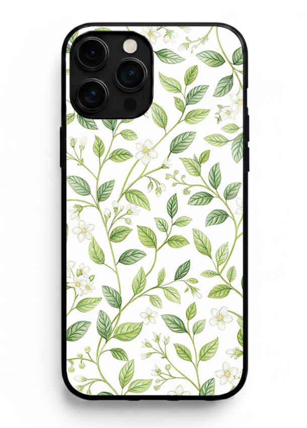 Green leaf wallpaper artwork on iphone 16 pro max glass back cover with minimal botanical tones.