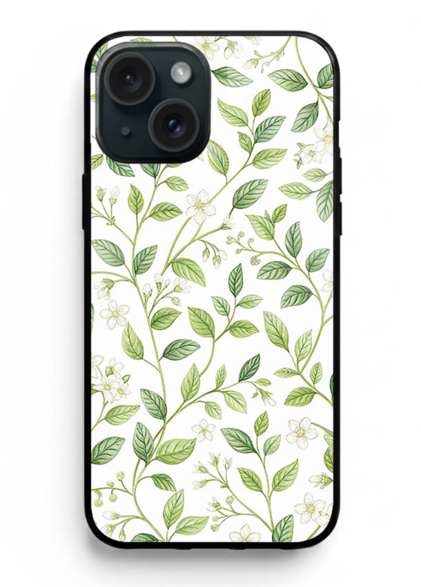 Green leaf wallpaper artwork on iphone 13 mini glass back cover with minimal botanical tones.