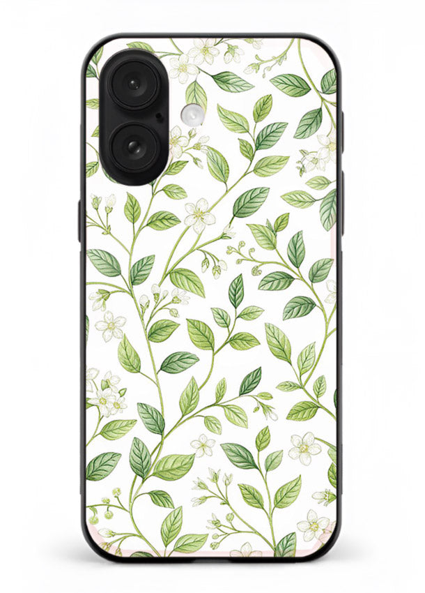 Green leaf wallpaper artwork on iphone 16 plus glass back cover with minimal botanical tones.
