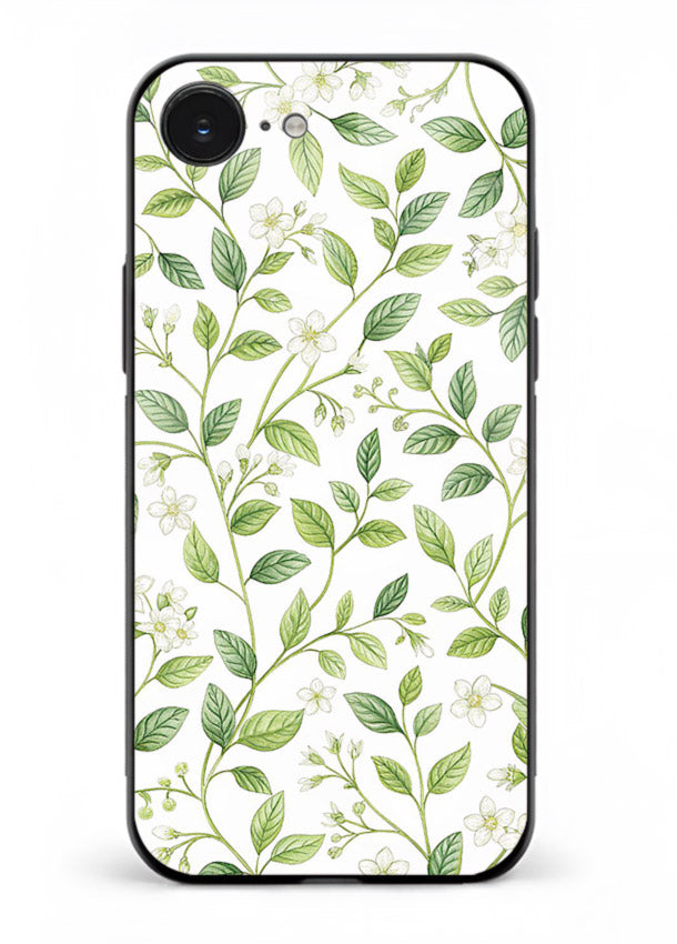 Green leaf wallpaper artwork on iphone 16e glass back cover with minimal botanical tones.